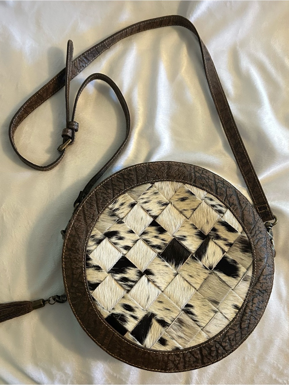 Round Brown Leather Crossbody with Black & White Haircalf Weave